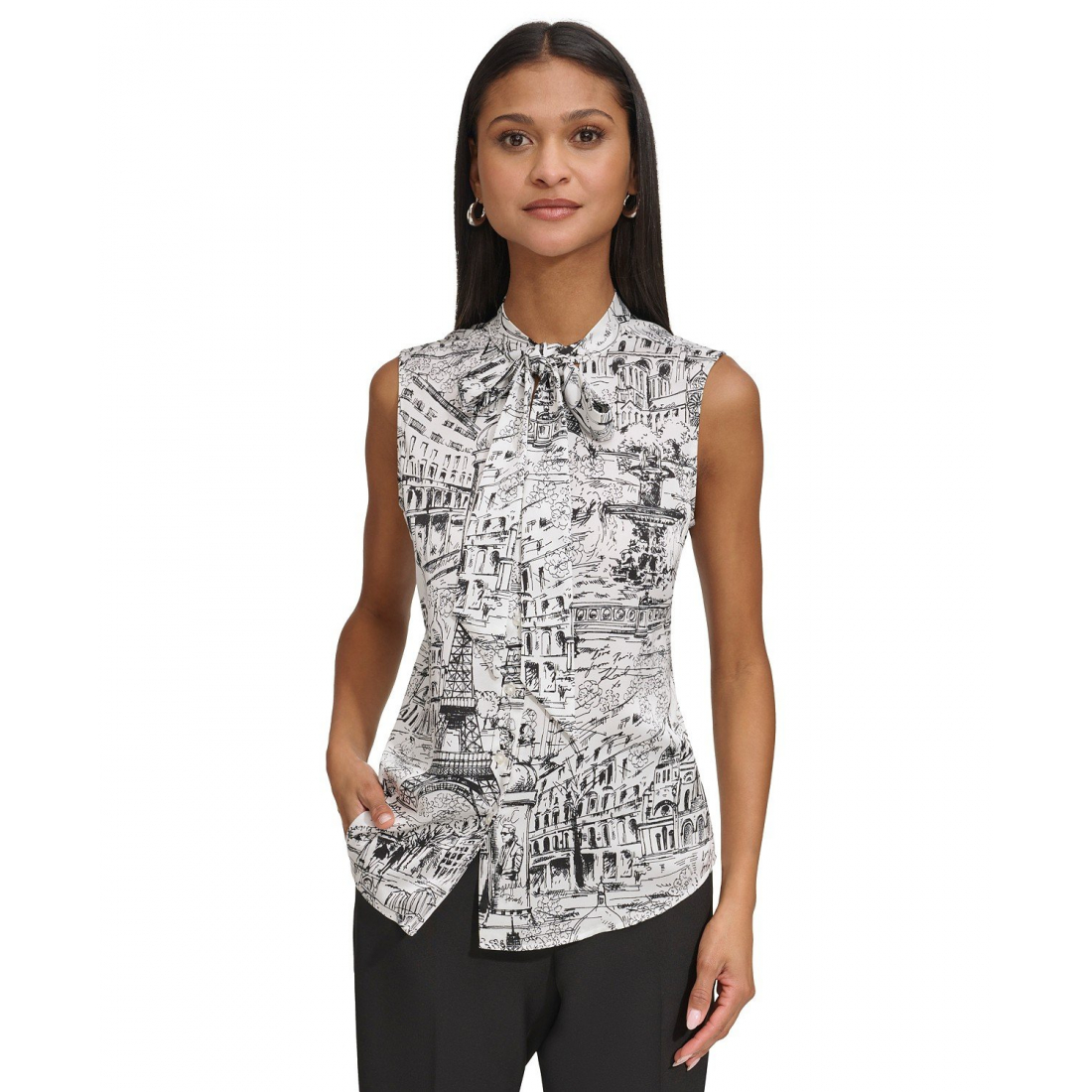 'City-Print Tie-Neck' Ärmellose Bluse für Damen