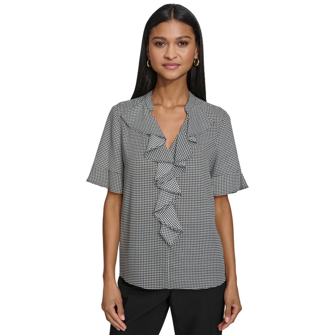 'Printed Ruffled-Front' Kurzärmelige Bluse für Damen