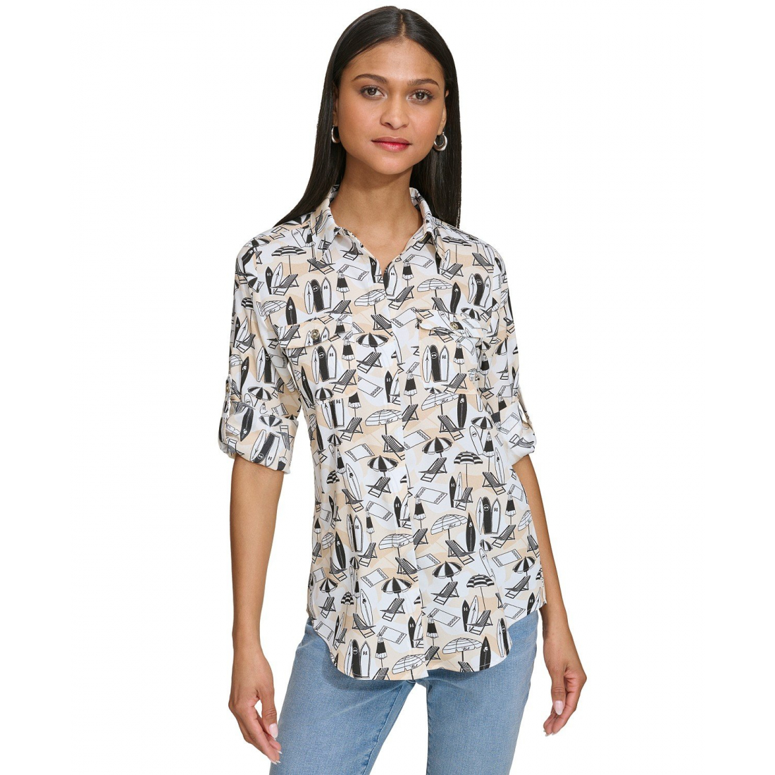 Women's 'Whimsical-Print Roll-Tab Button-Front' Blouse