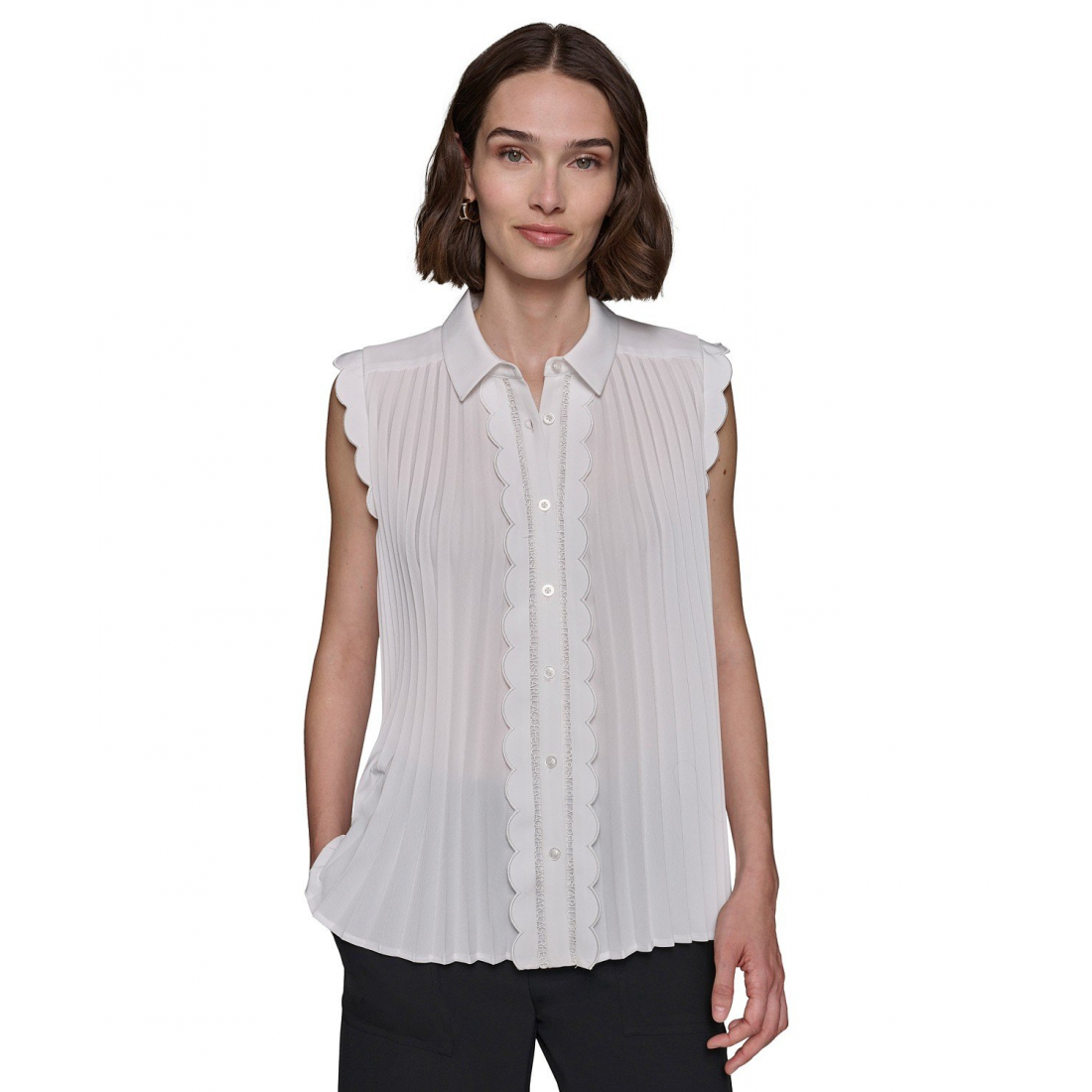 Women's 'Scalloped Pleated Button-Down' Sleeveless Blouse