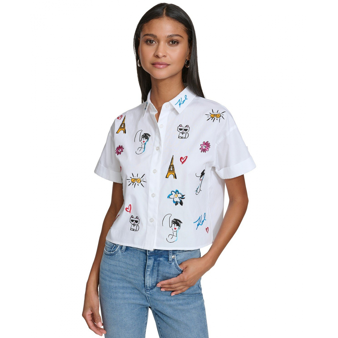'Embroidered Button-Front' Kurzärmeliges Hemd für Damen