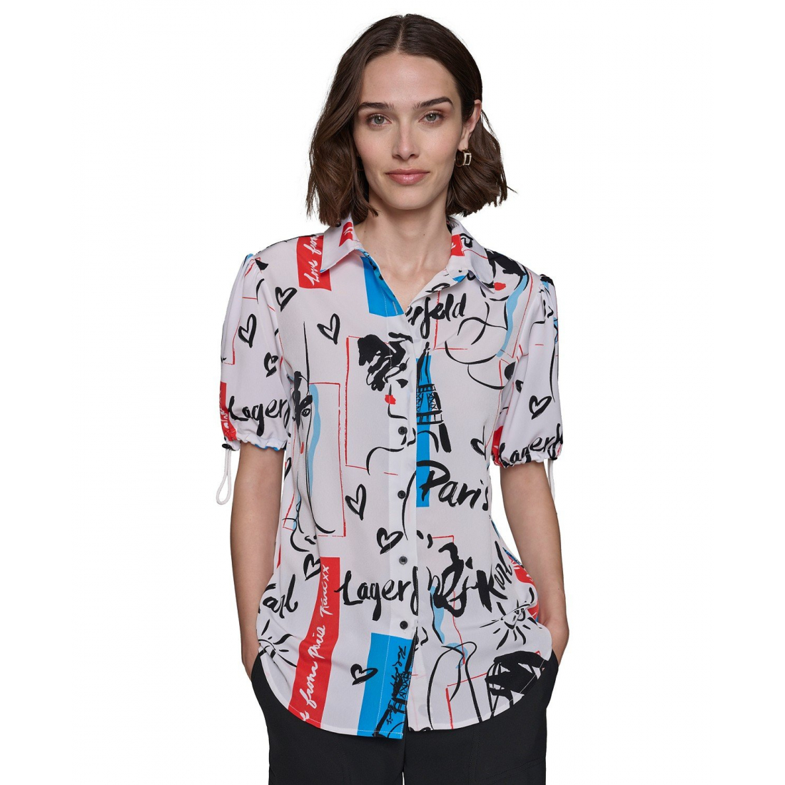 Women's 'Printed Bungee-Sleeve Button-Down' Short sleeve Blouse