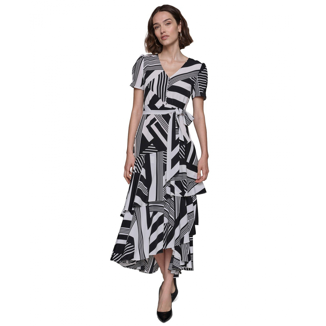 'Printed Tie-Waist Tiered V-Neck' Maxi Kleid für Damen
