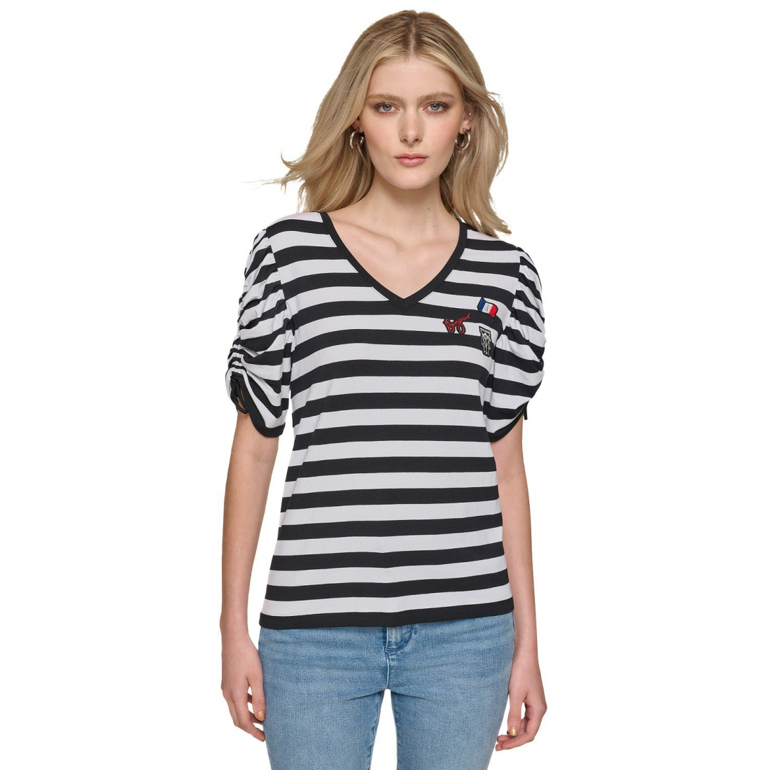 'Ruched-Sleeve Striped' Kurzarm Top für Damen