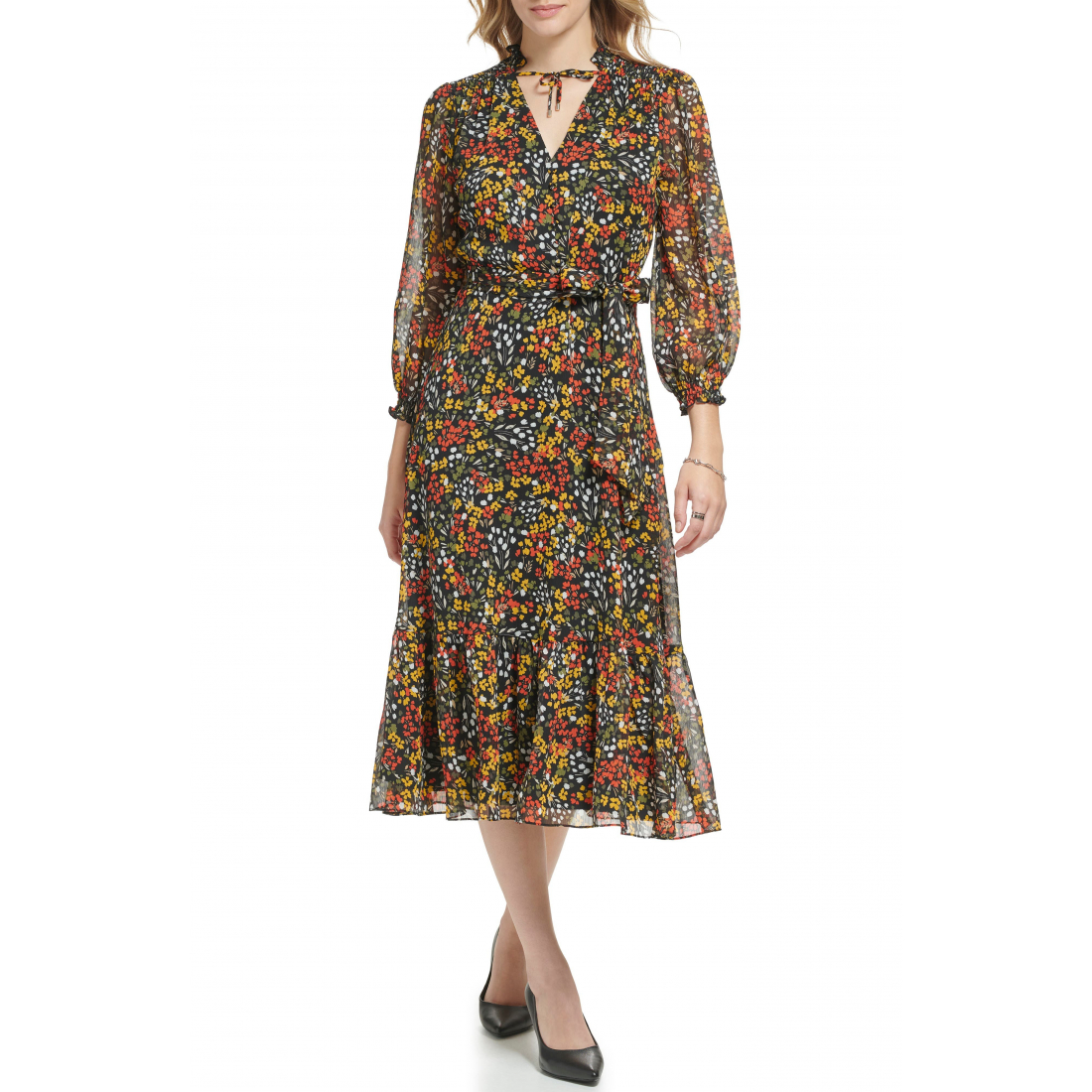 Women's 'Printed Chiffon Long Sleeve' Midi Dress