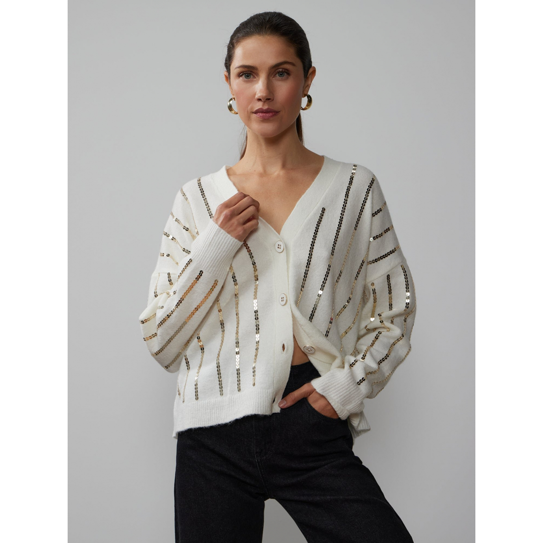 'Drop Shoulder Sequin Stripe' Strickjacke für Damen