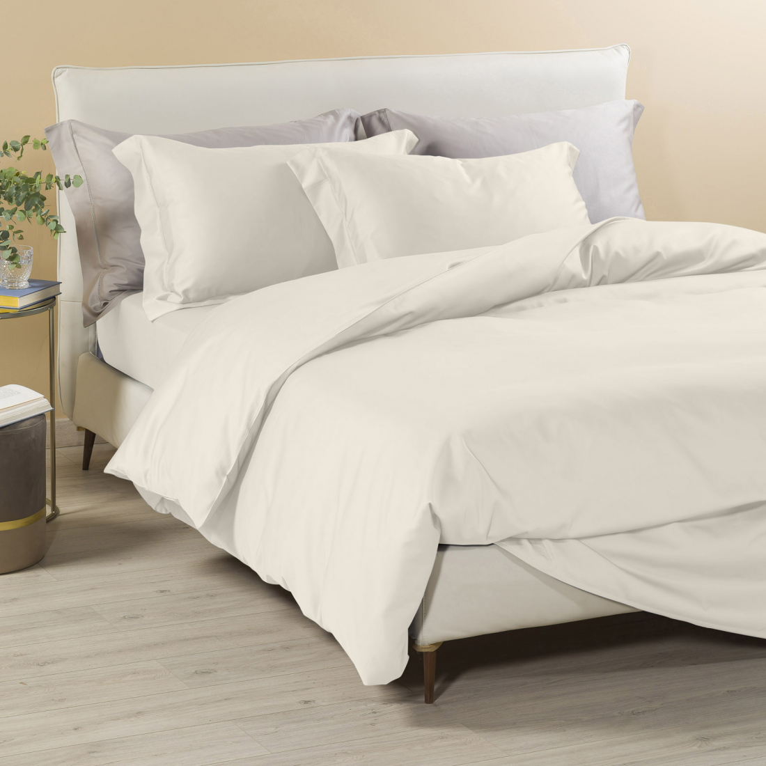 Satin Ivory Plain Bed Linen Set  - King size bed, 4 Pieces