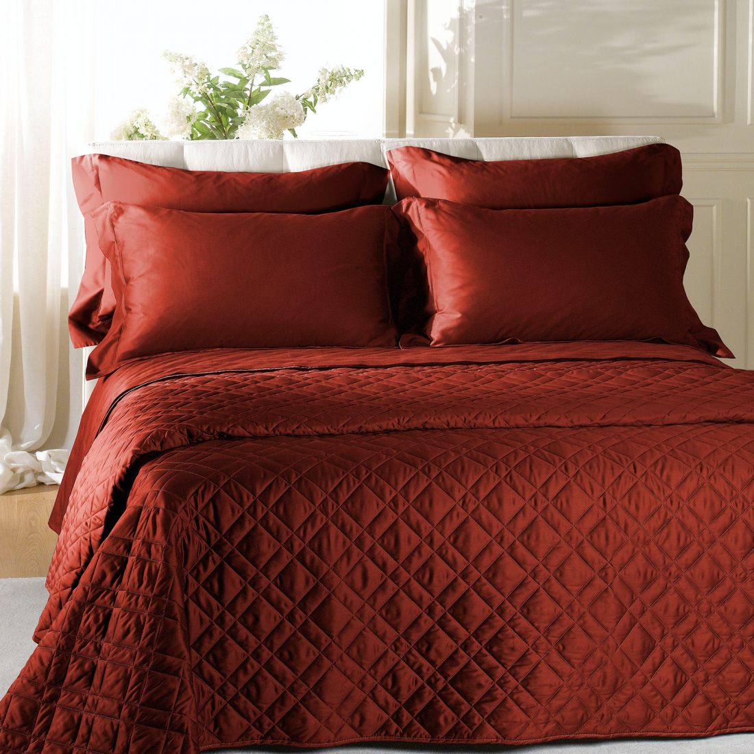 Satin Burgundy Quilted Bedspread - Super King size bed