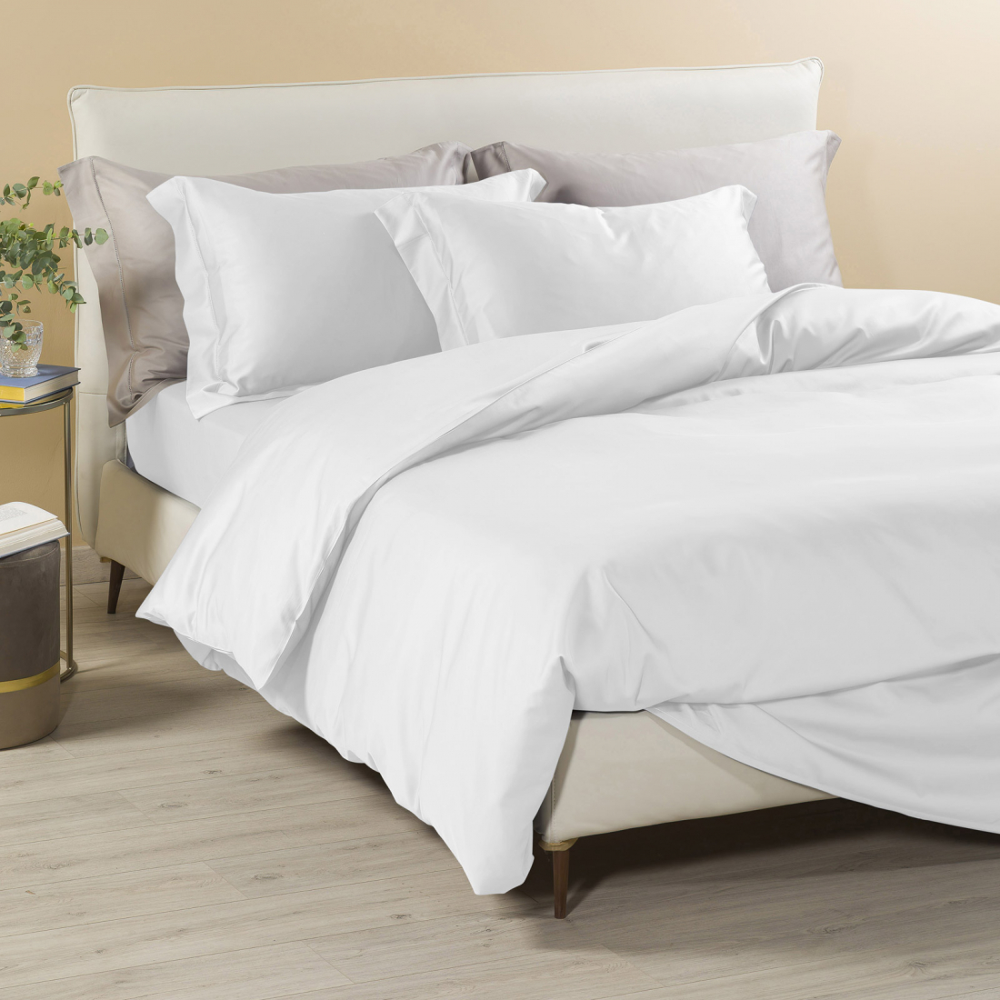 Satin Plain Cream Bed Linen Set  - King size bed, 4 Pieces