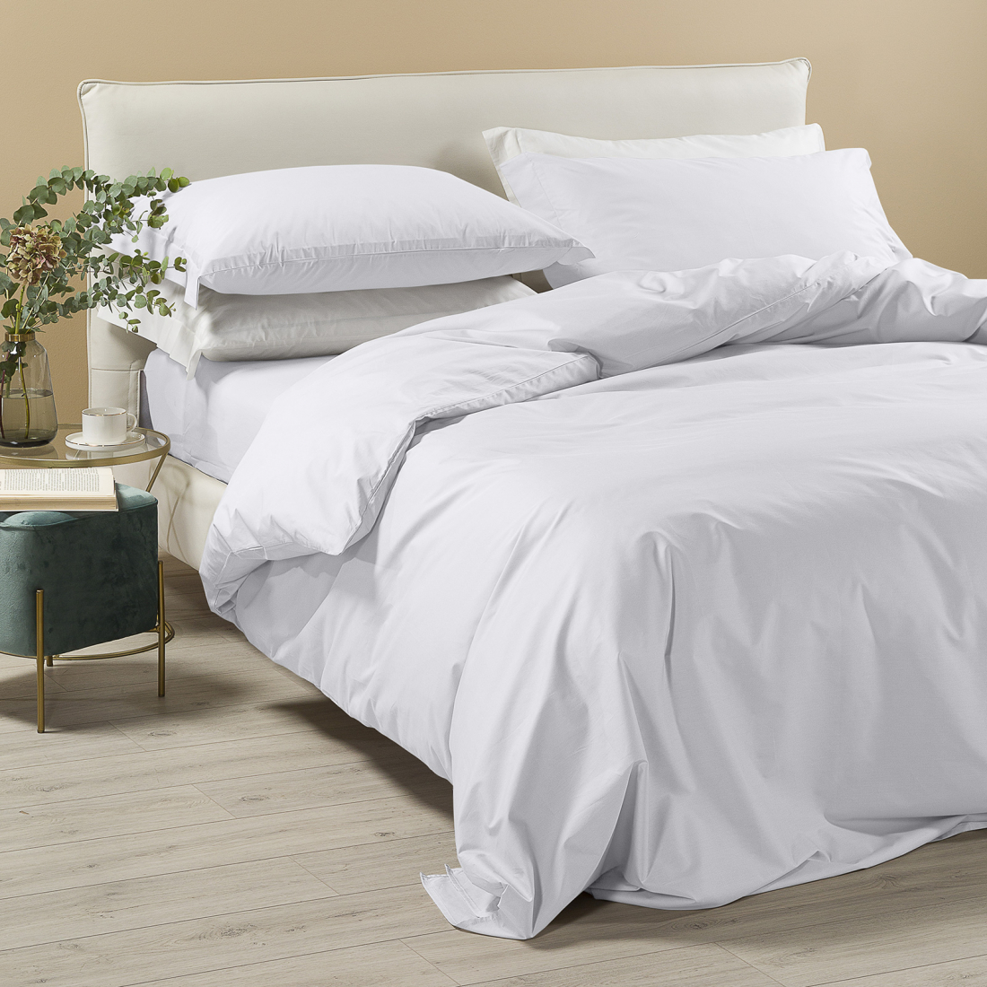 Percalle Plain White Bed Linen Set  - King size bed, 4 Pieces