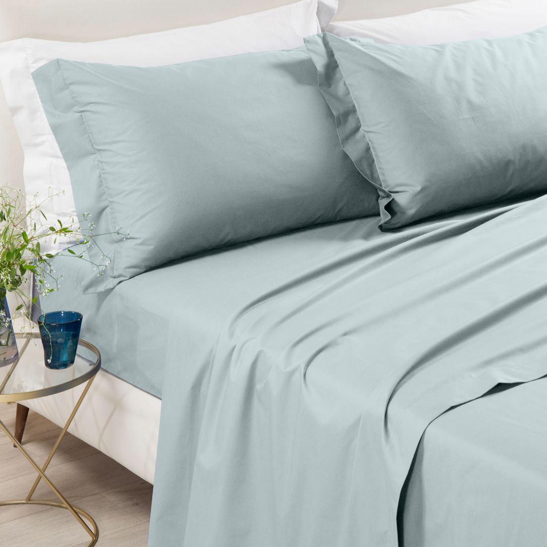 Percalle Aqua Sheet Set - King size bed, 4 Stücke