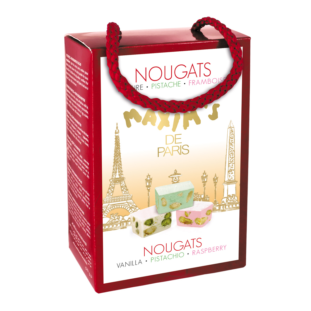 Box of 12 natural pistachio and raspberry nougats