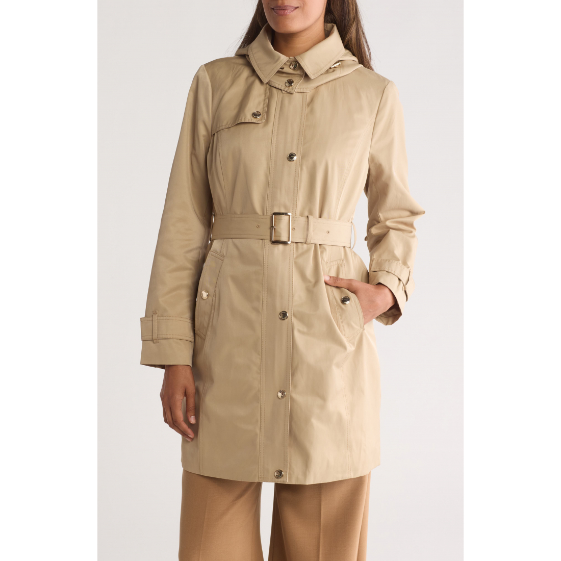 Women's 'Water Resistant Hooded' Belted Trench Coat