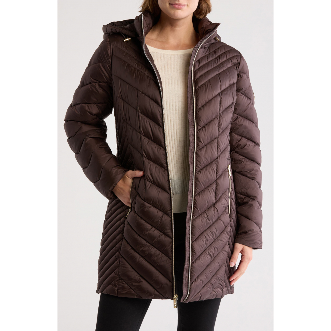 Women's 'Hooded Chevron Quilted Long' Puffer Jacket