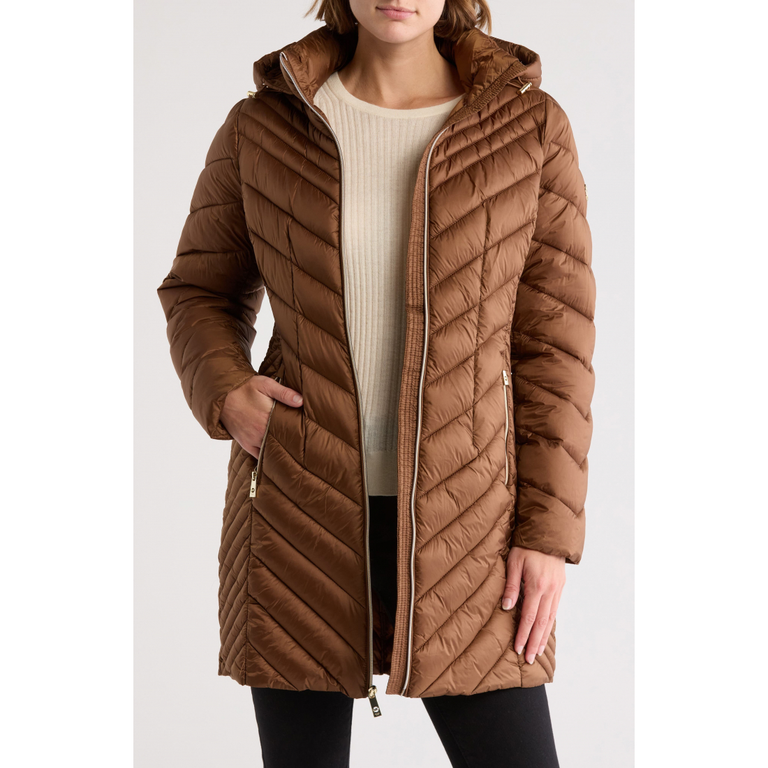 Women's 'Hooded Chevron Quilted Long' Puffer Jacket