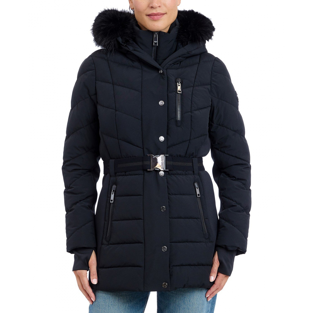 'Belted Bibbed Hooded Puffer Coat' pour Femmes