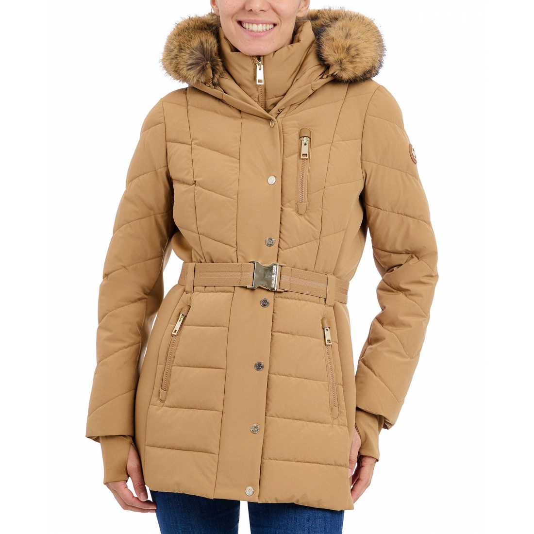 'Belted Bibbed Hooded Puffer Coat' für Damen