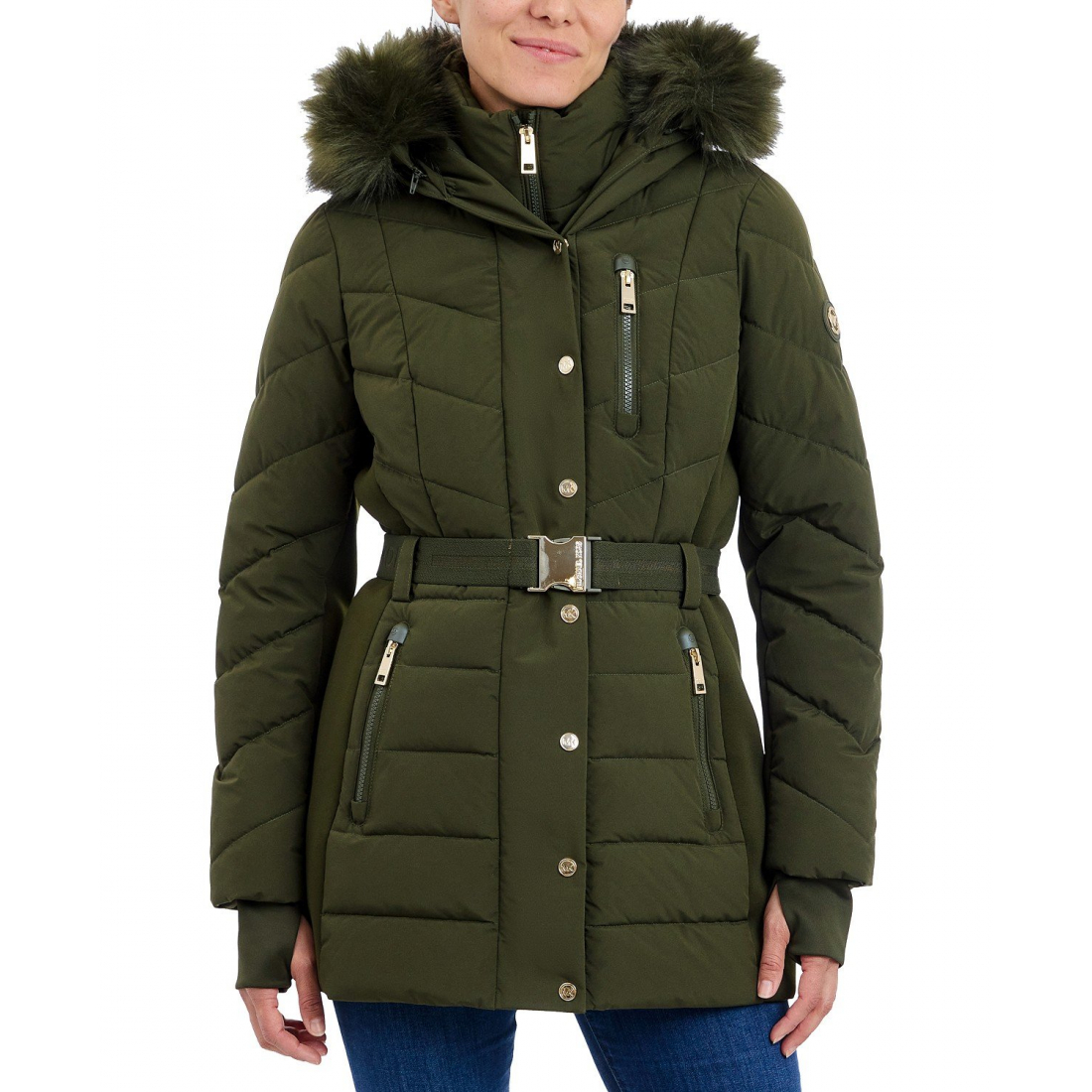 'Belted Bibbed Hooded Puffer Coat' pour Femmes