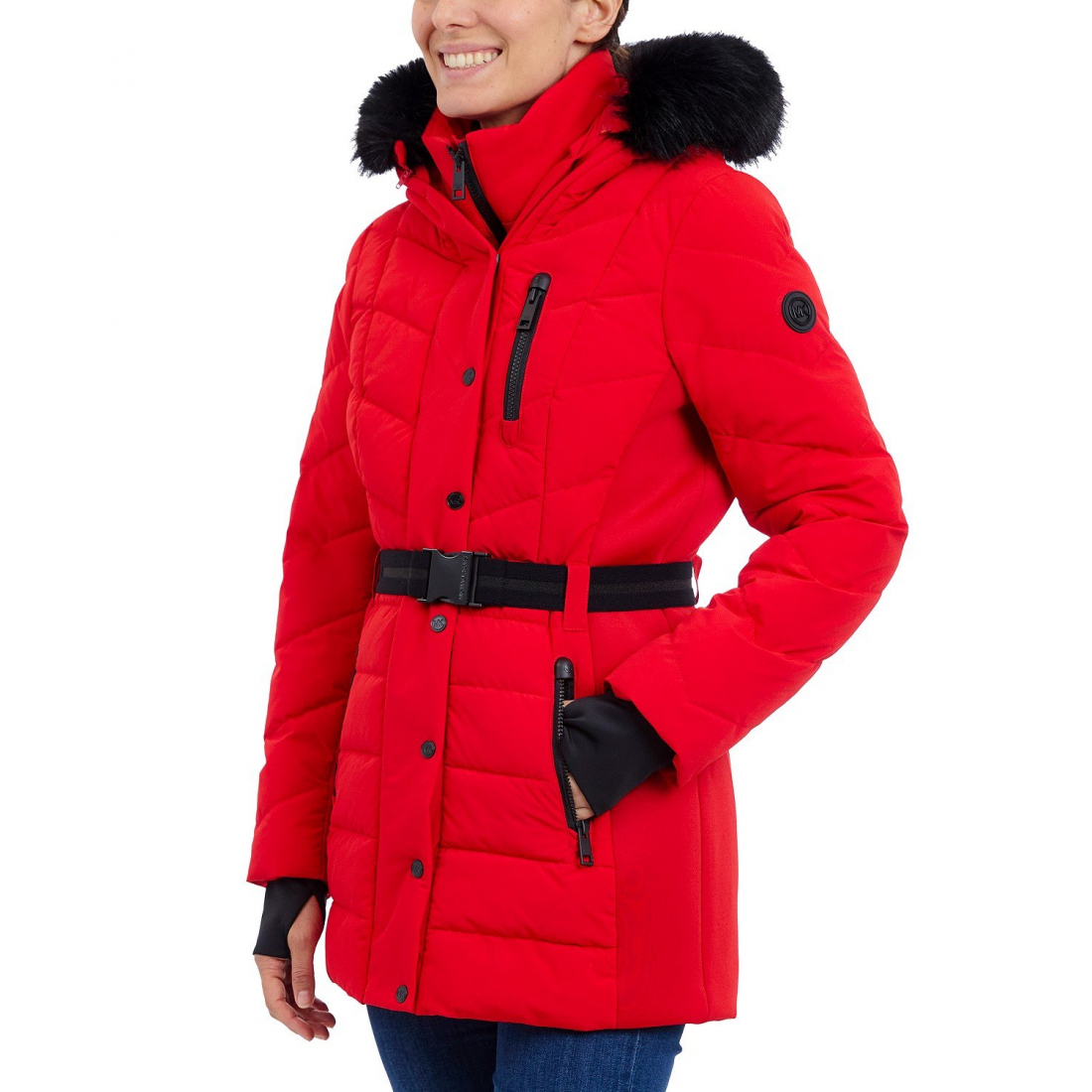 'Belted Bibbed Hooded Puffer Coat' pour Femmes