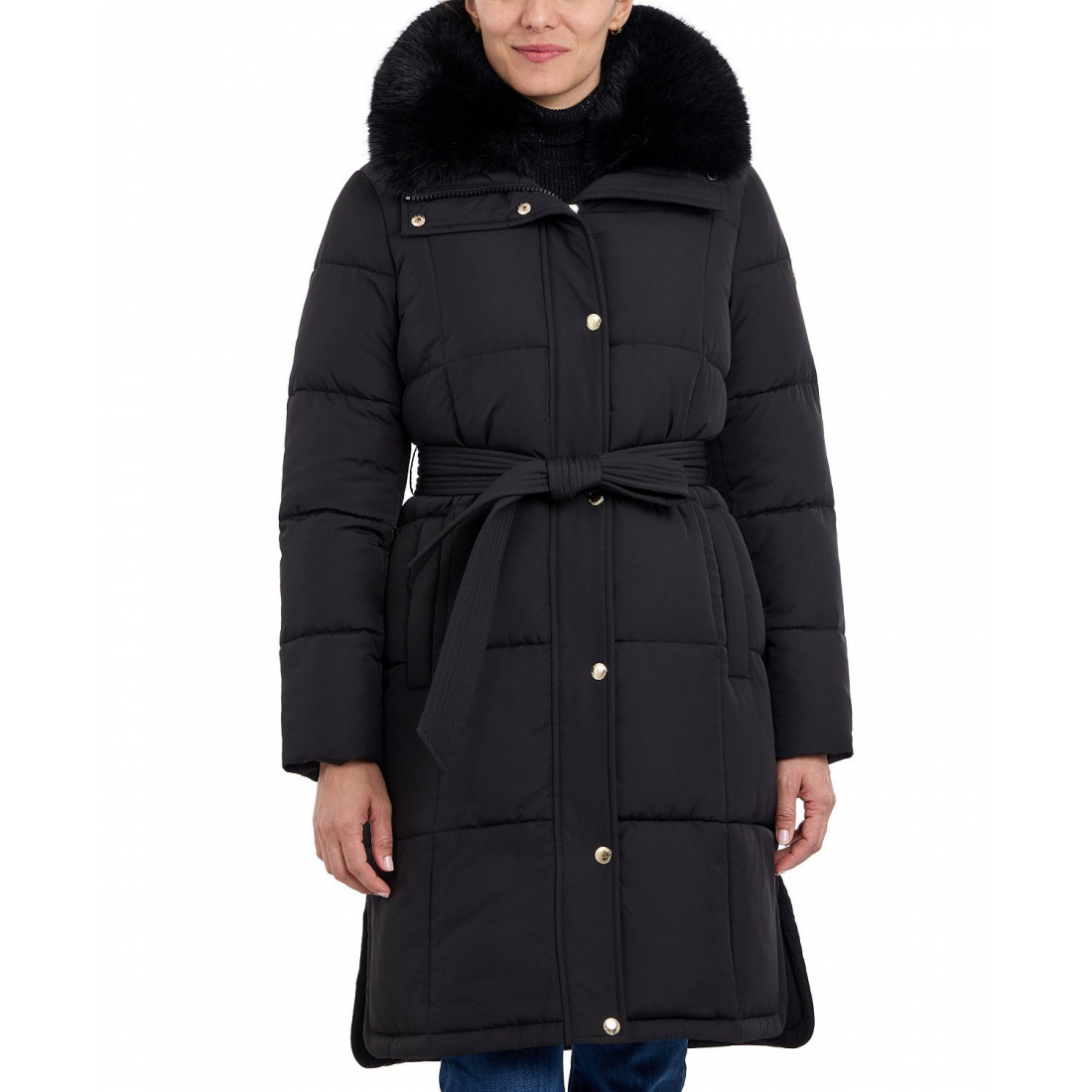 'Faux-Fur-Collar Belted Puffer Coat' für Damen