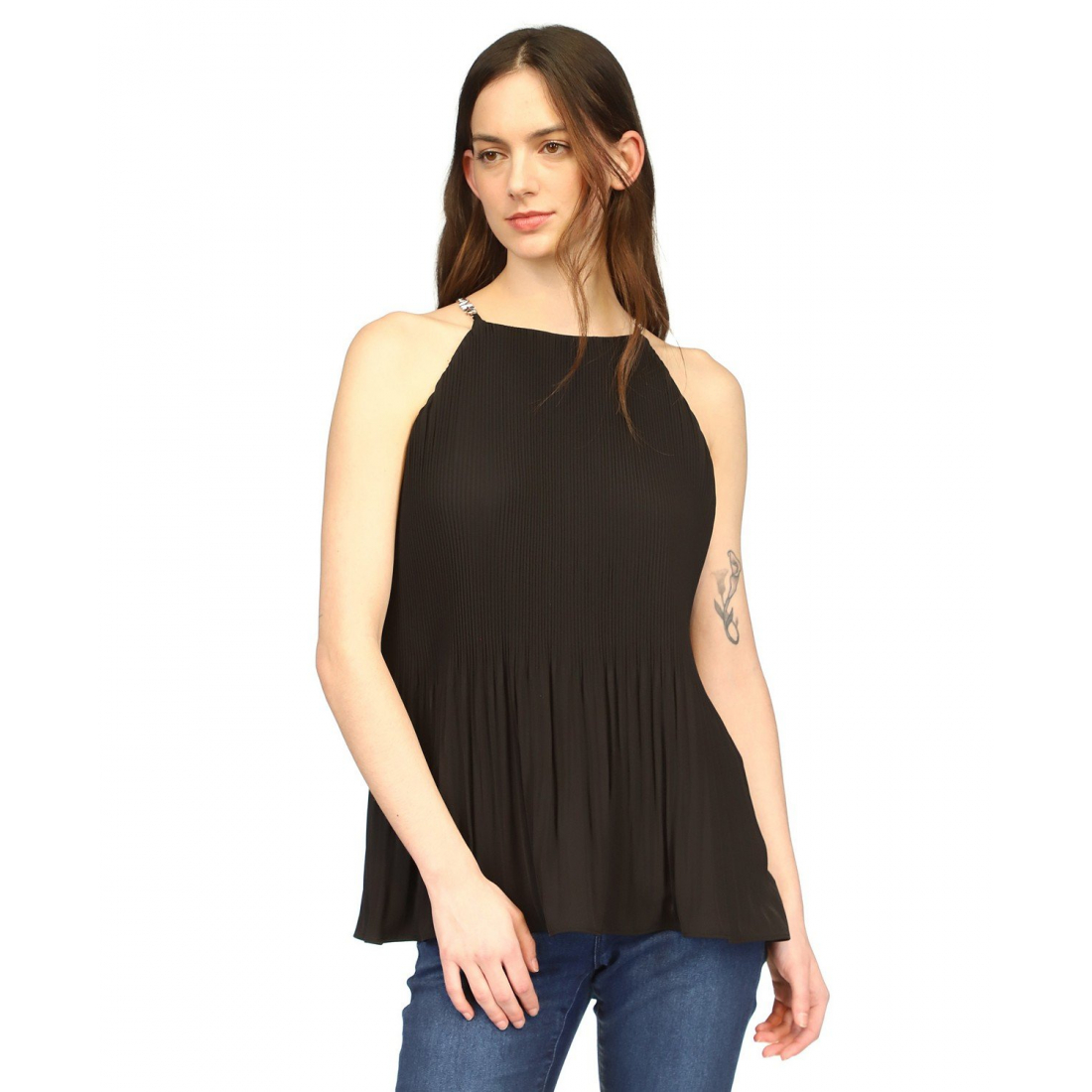 Women's 'Chain-Strap Halter-Neck Pleated' Sleeveless Top