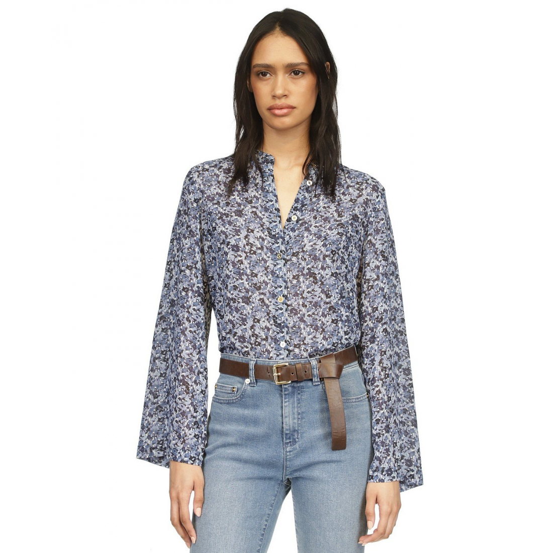 Women's 'Floral-Print Button-Front Flare-Sleeve' Blouse