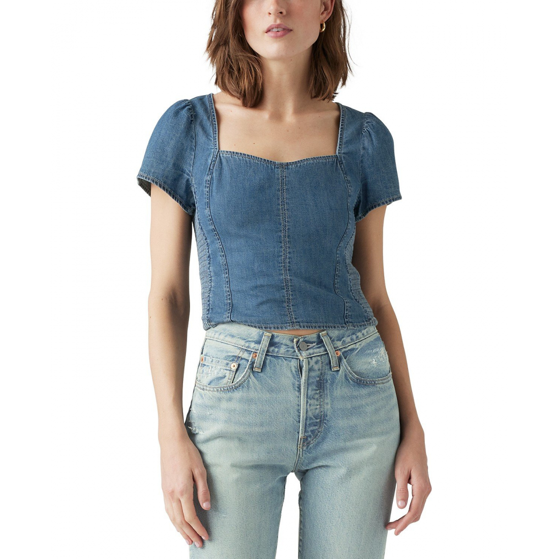 'Opehlia Denim Puff-Sleeve' Korsett-Oberteil für Damen