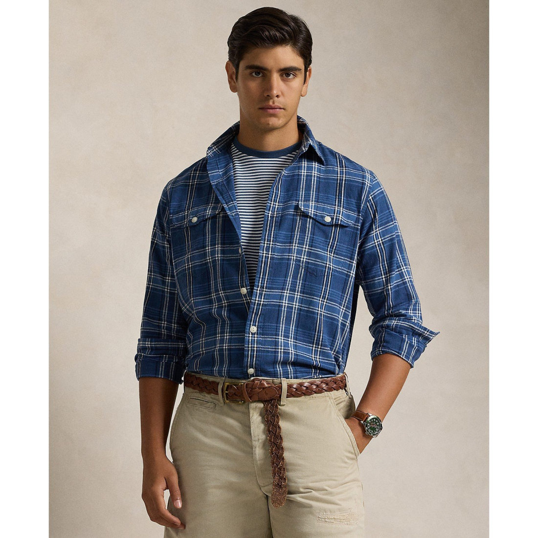 Men's Classic-Fit Plaid Linen-Cotton Workshirt