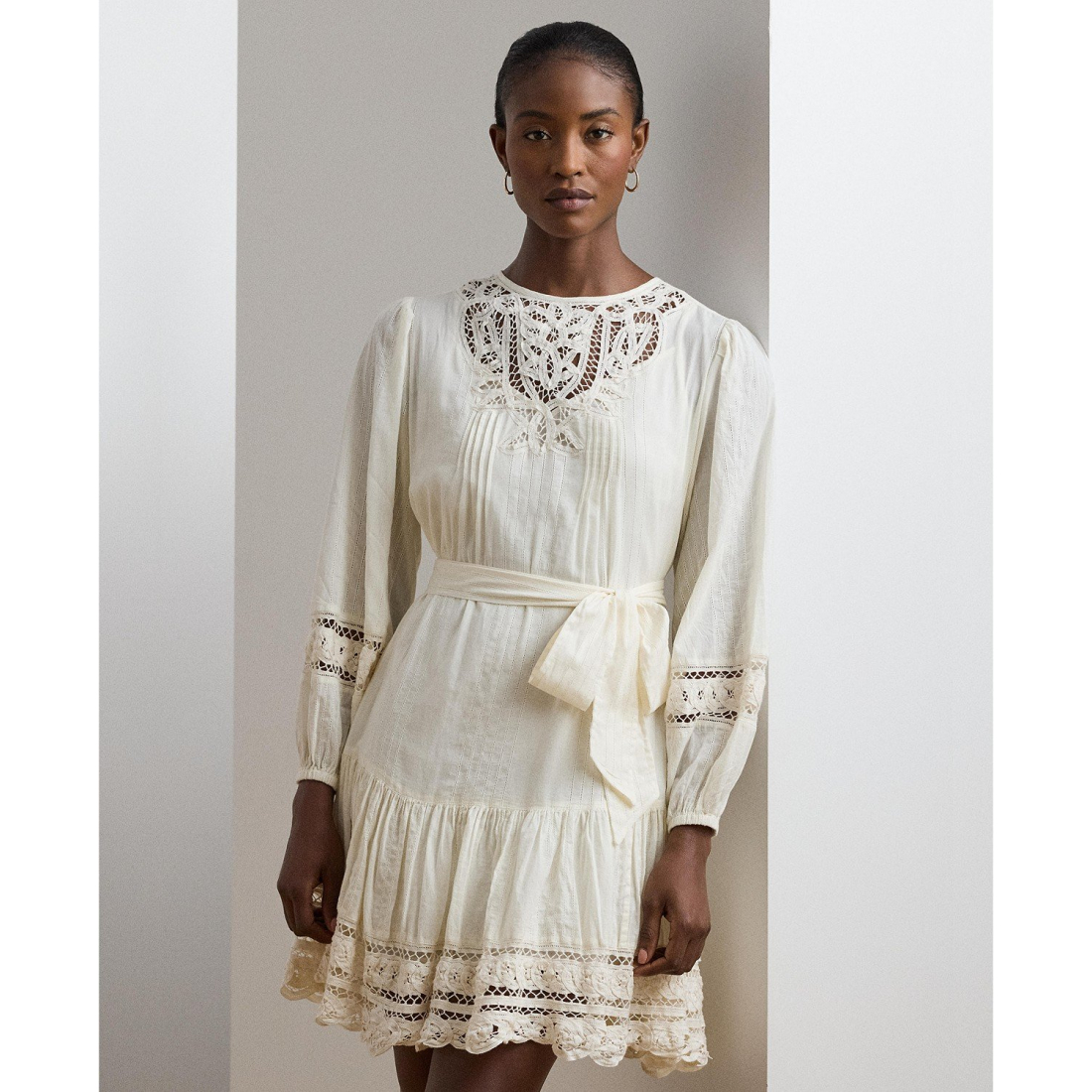 Women's Lace-Trim Belted Cotton Voile Dress