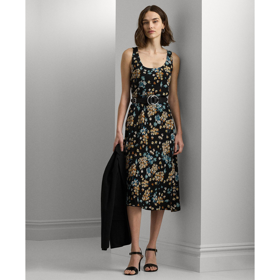 Women's Floral Belted Crepe Sleeveless Dress