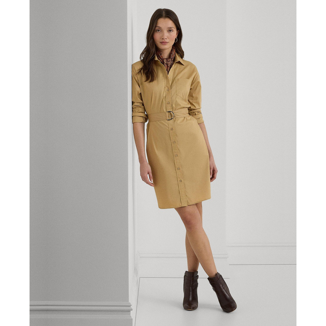 Belted Long-Sleeve Shirtdress pour Femmes