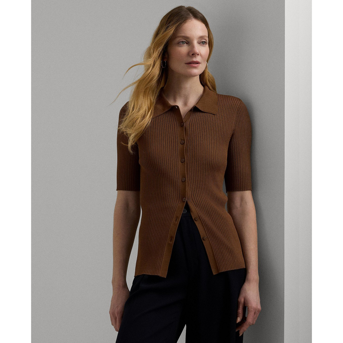 Women's Rib-Knit Polo Cardigan Top