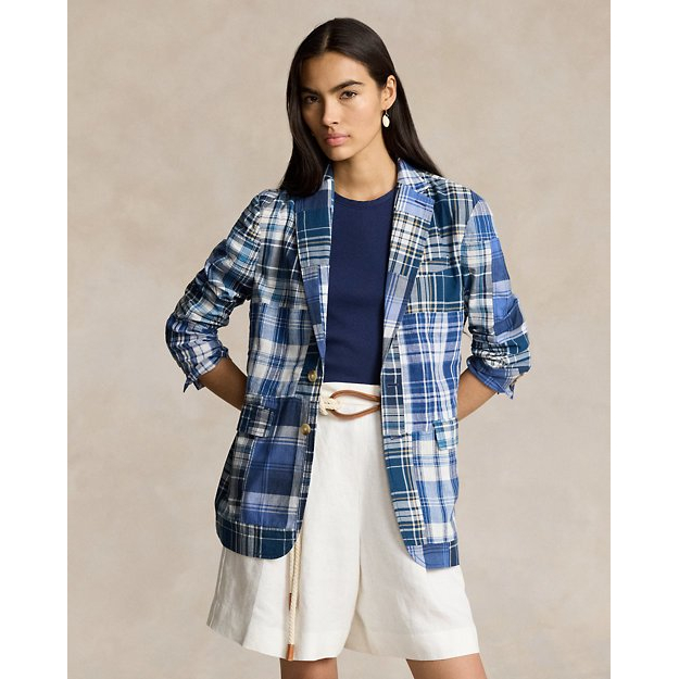 Plaid Patchwork Cotton-Linen Blazer pour Femmes