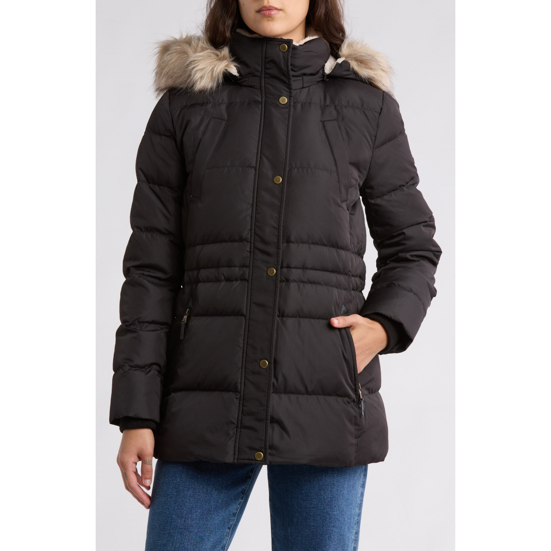 Faux Fur Trim Hooded Puffer Jacket für Damen