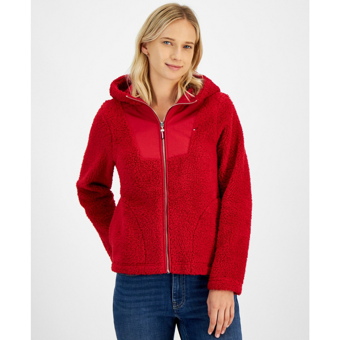 Sherpa Zip-Front Hooded Sweater pour Femmes