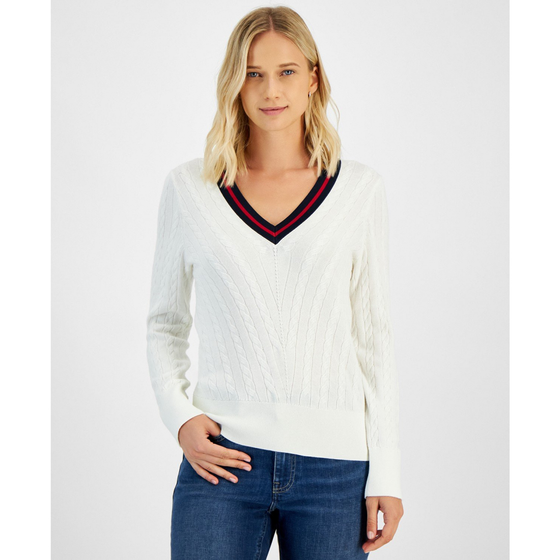 Women's Contrast Stripe V-Neck Cable Knit Sweater