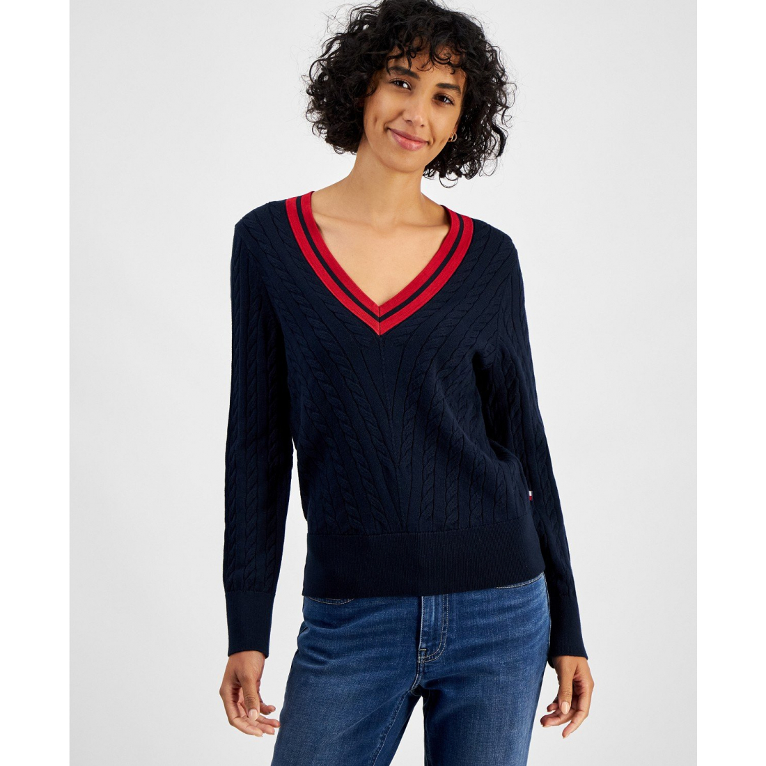 'Contrast Stripe V-Neck Cable Knit Sweater' für Damen