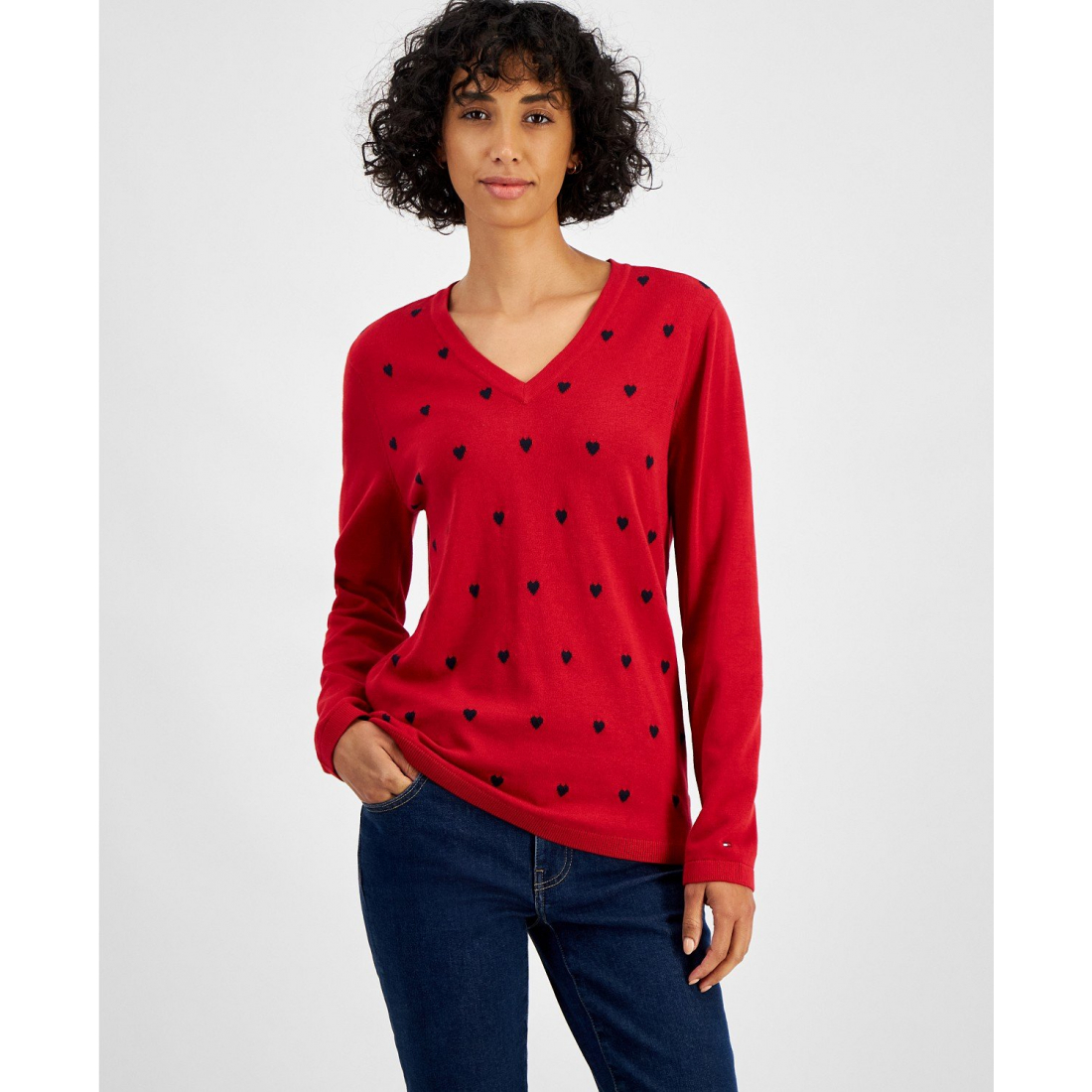 Heart Print V-Neck Long-Sleeve Cotton Sweater pour Femmes