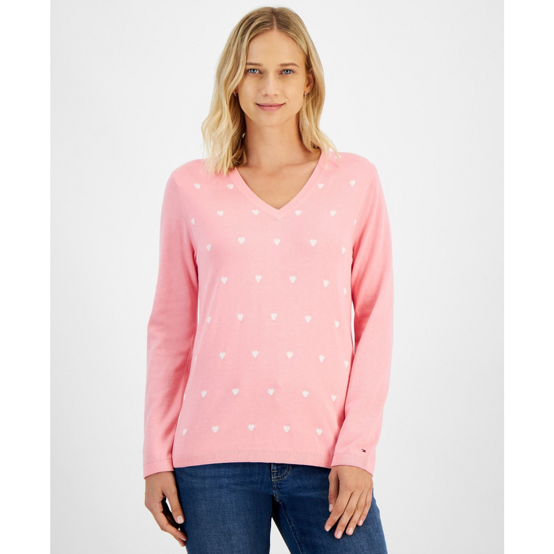 Women's Heart Print V-Neck Long-Sleeve Cotton Sweater