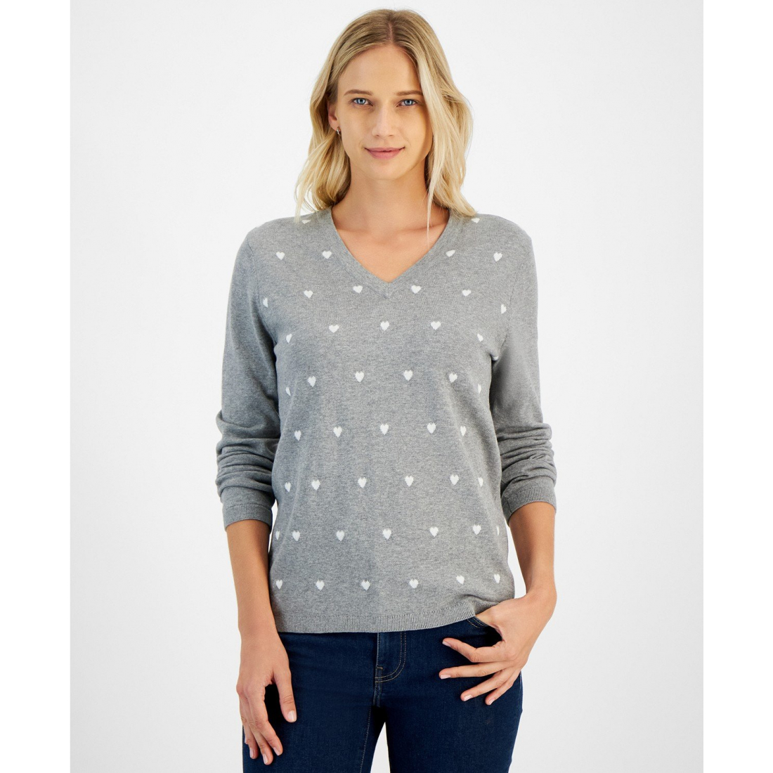 Women's Heart Print V-Neck Long-Sleeve Cotton Sweater