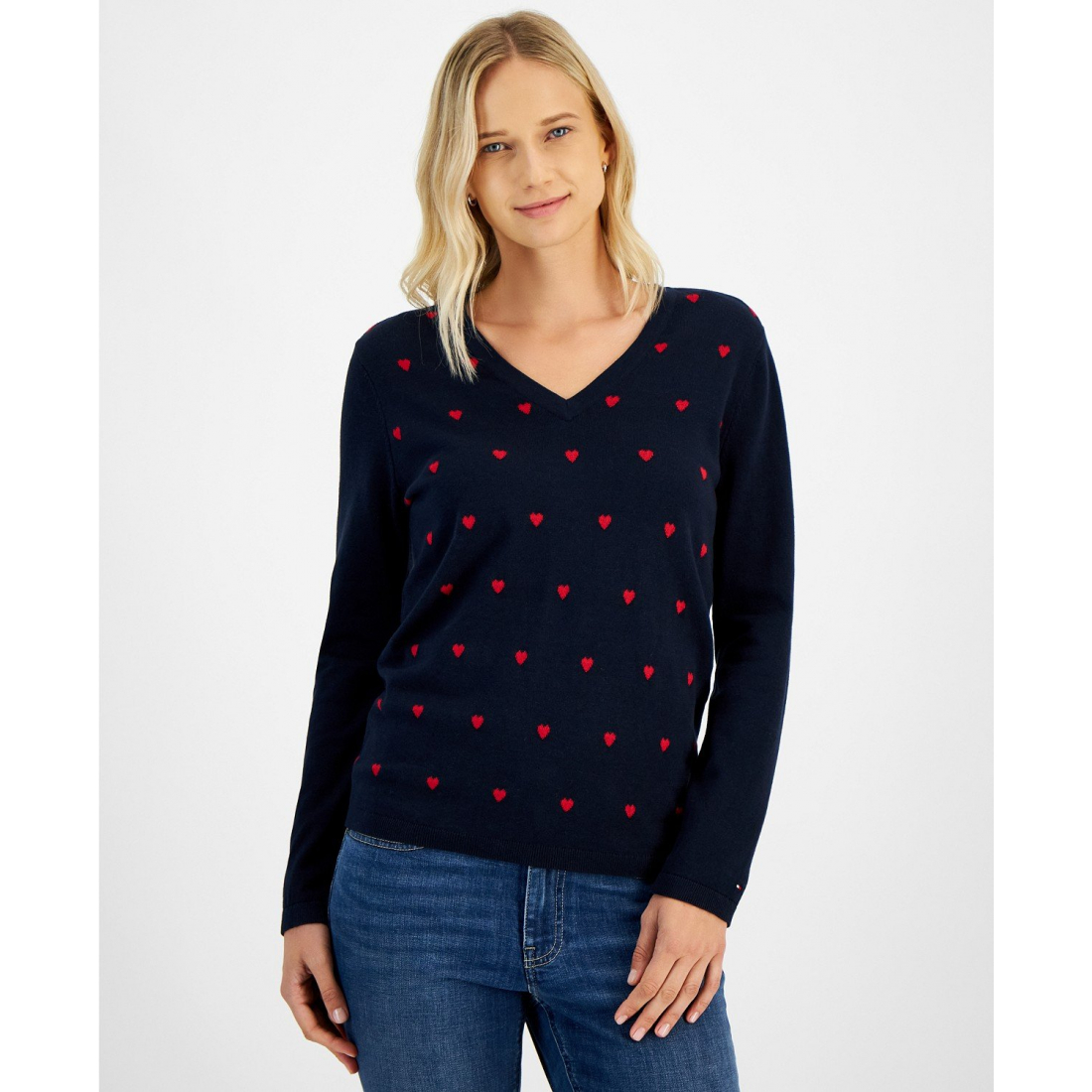 Women's Heart Print V-Neck Long-Sleeve Cotton Sweater