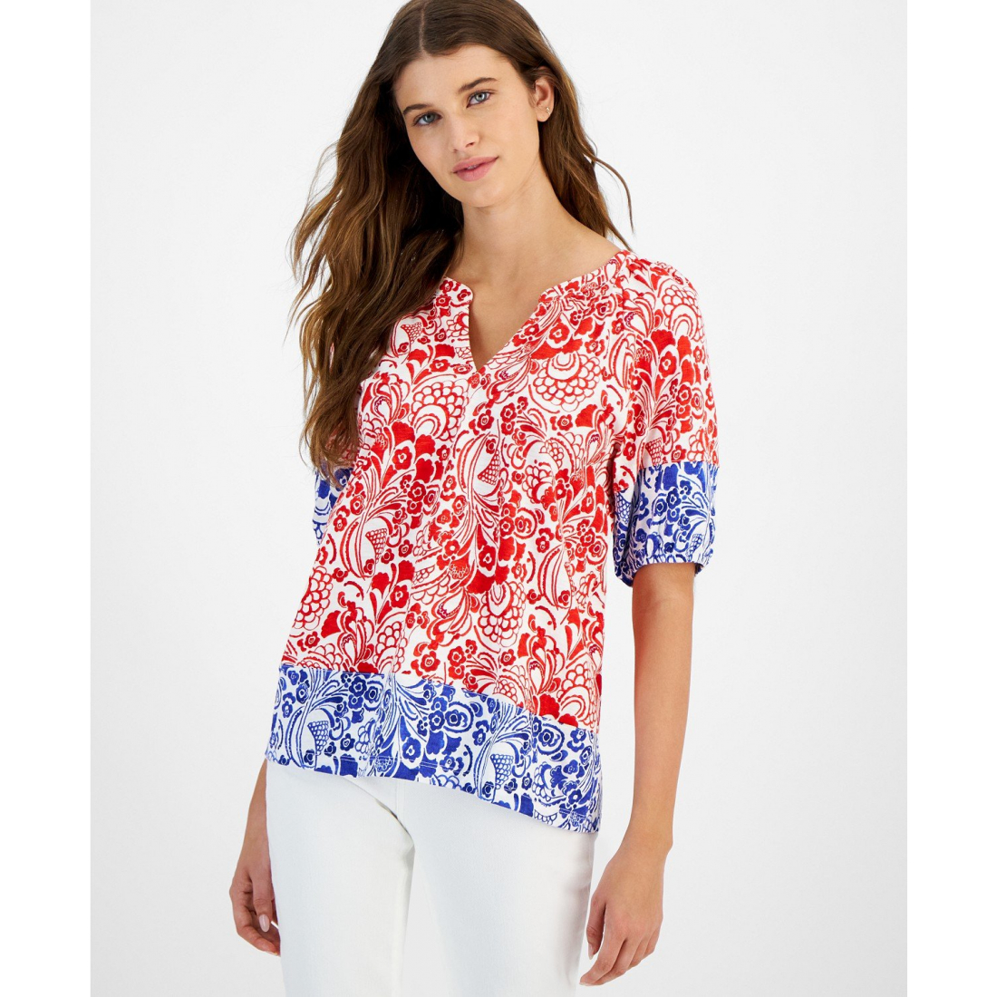 Cotton Floral-Print Puffed-Sleeve Top pour Femmes