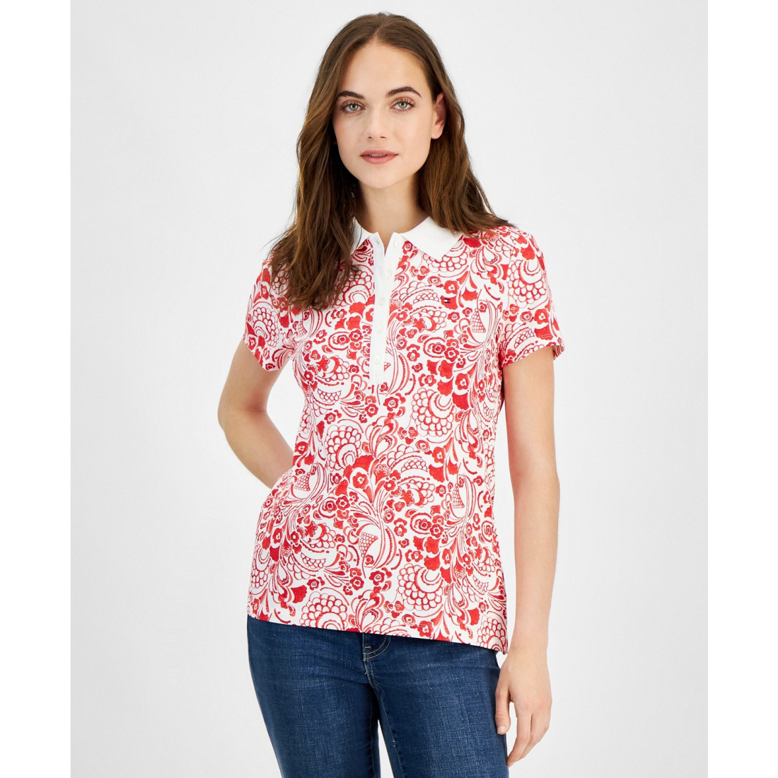 Women's Floral-Print Short-Sleeve Polo Top