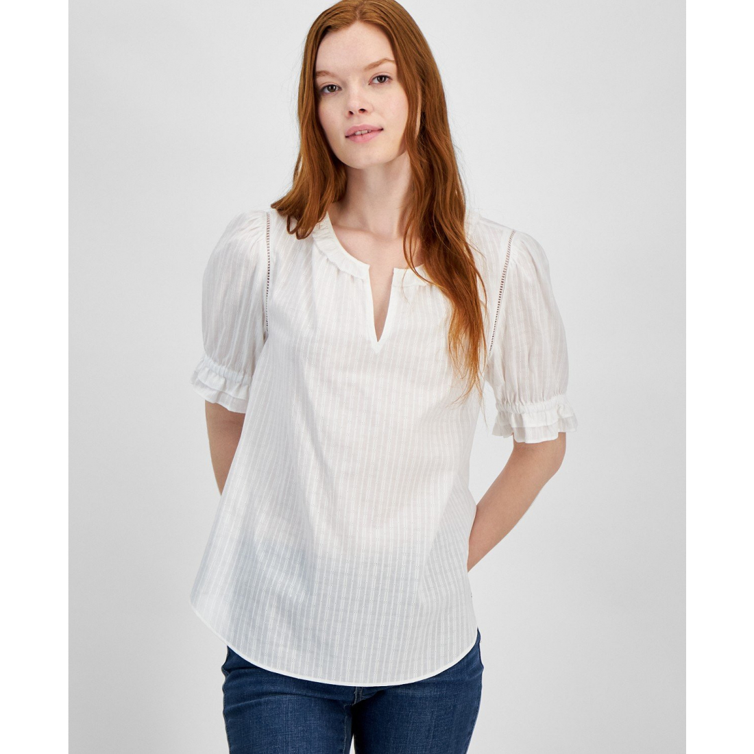 Cotton Tonal-Stripe Puff-Sleeve Blouse für Damen