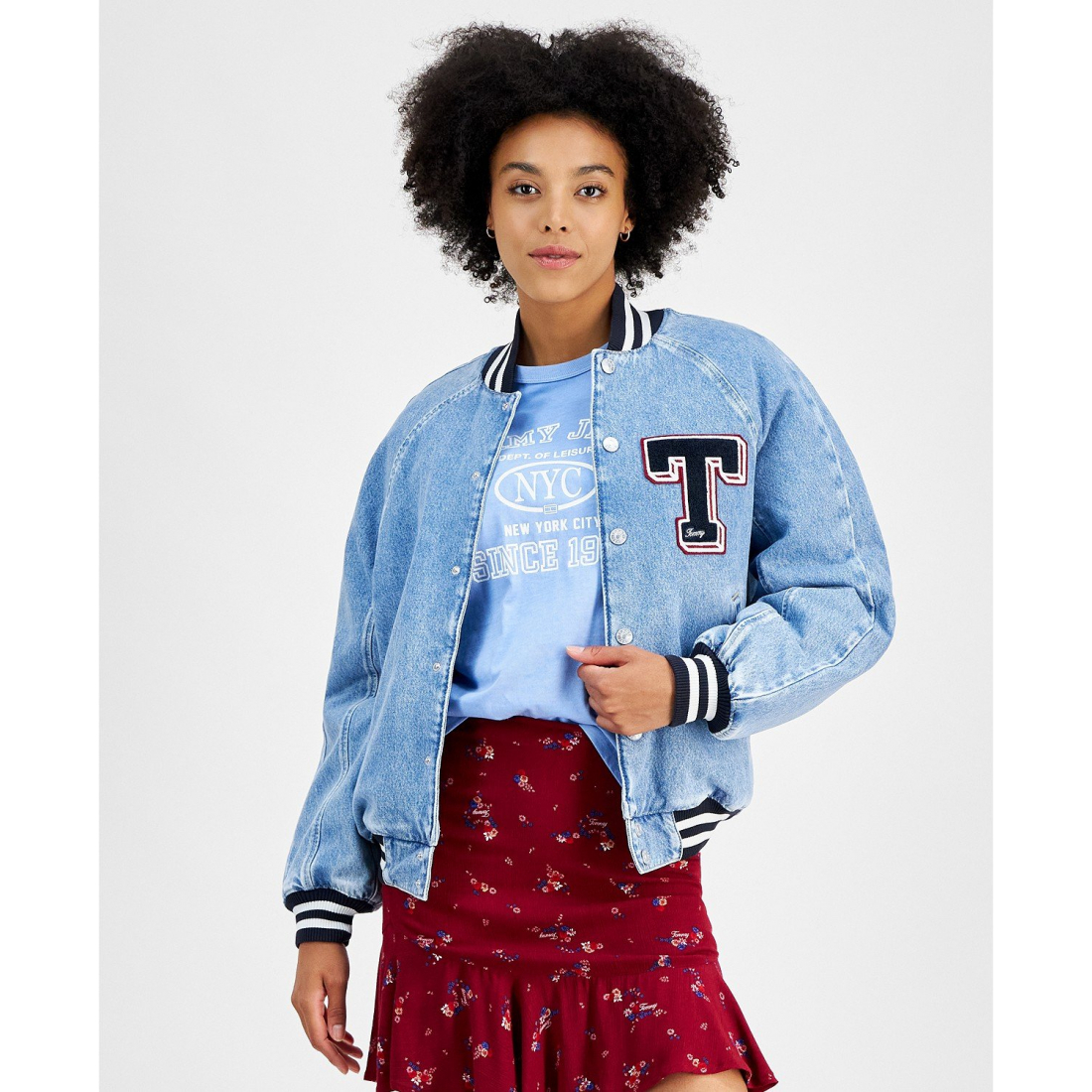 Denim Snap-Front Cotton Letterman Jacket pour Femmes