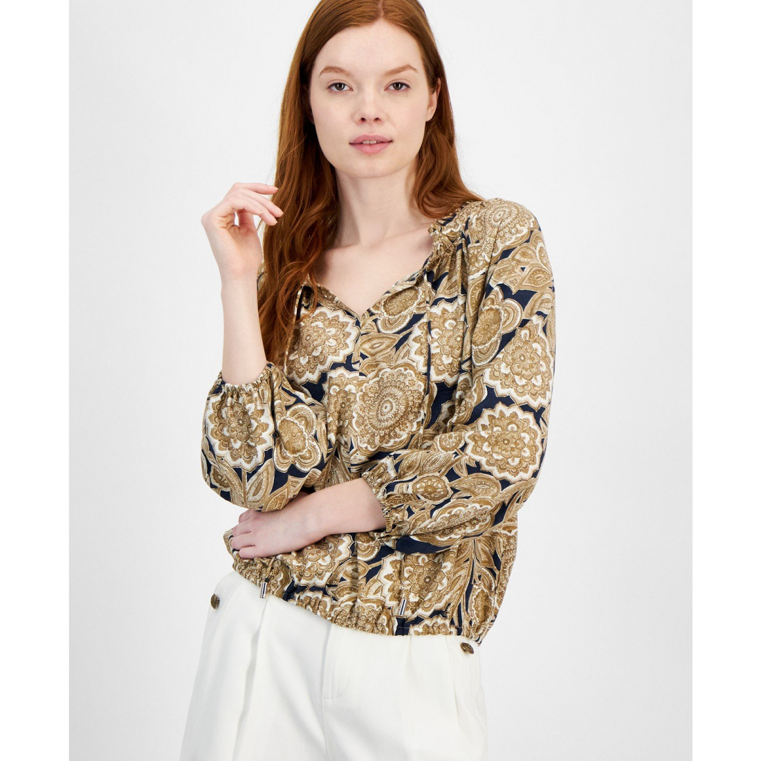 Printed Ruffled Split-Neck Top pour Femmes