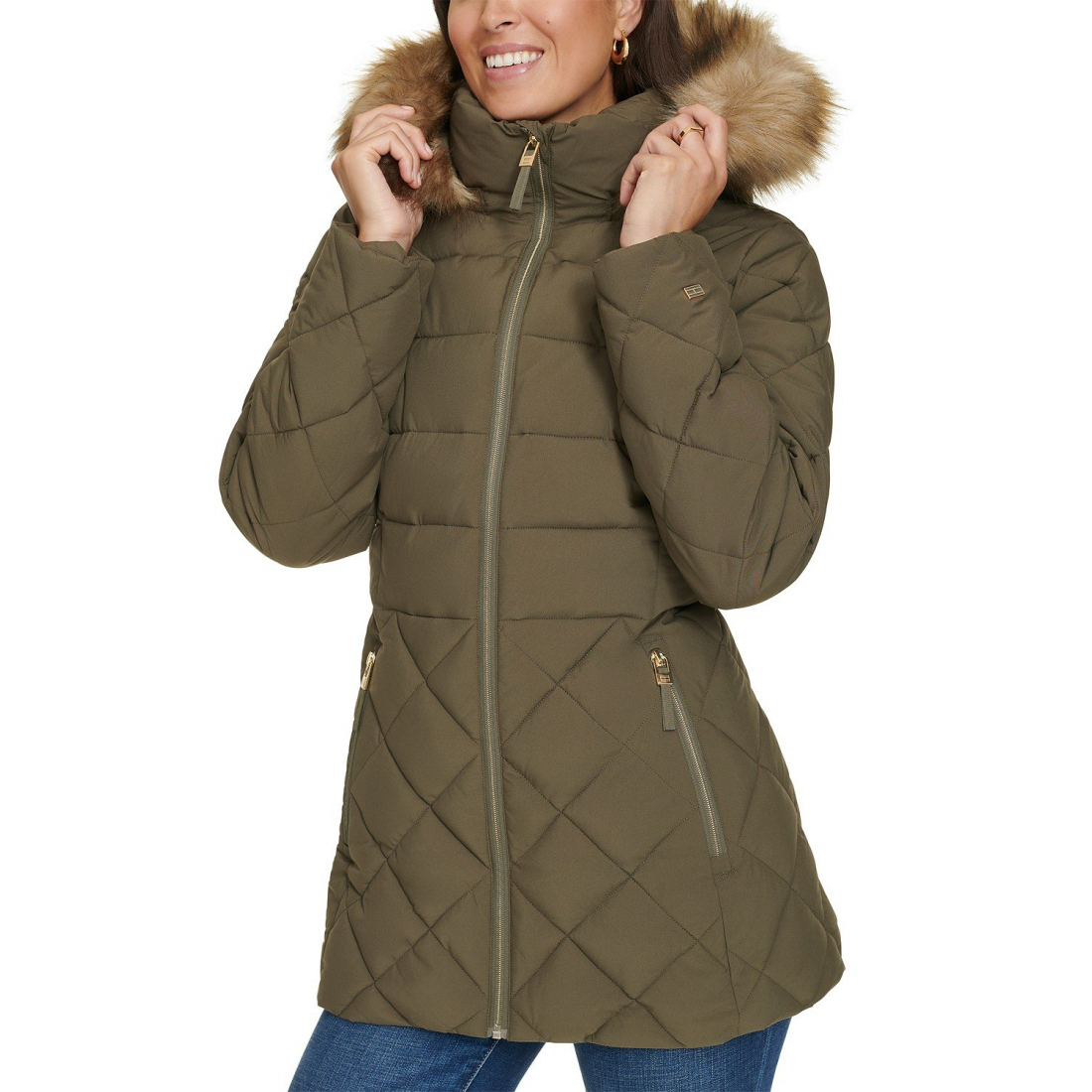 Bibbed Faux-Fur-Trim Hooded Puffer Coat pour Femmes