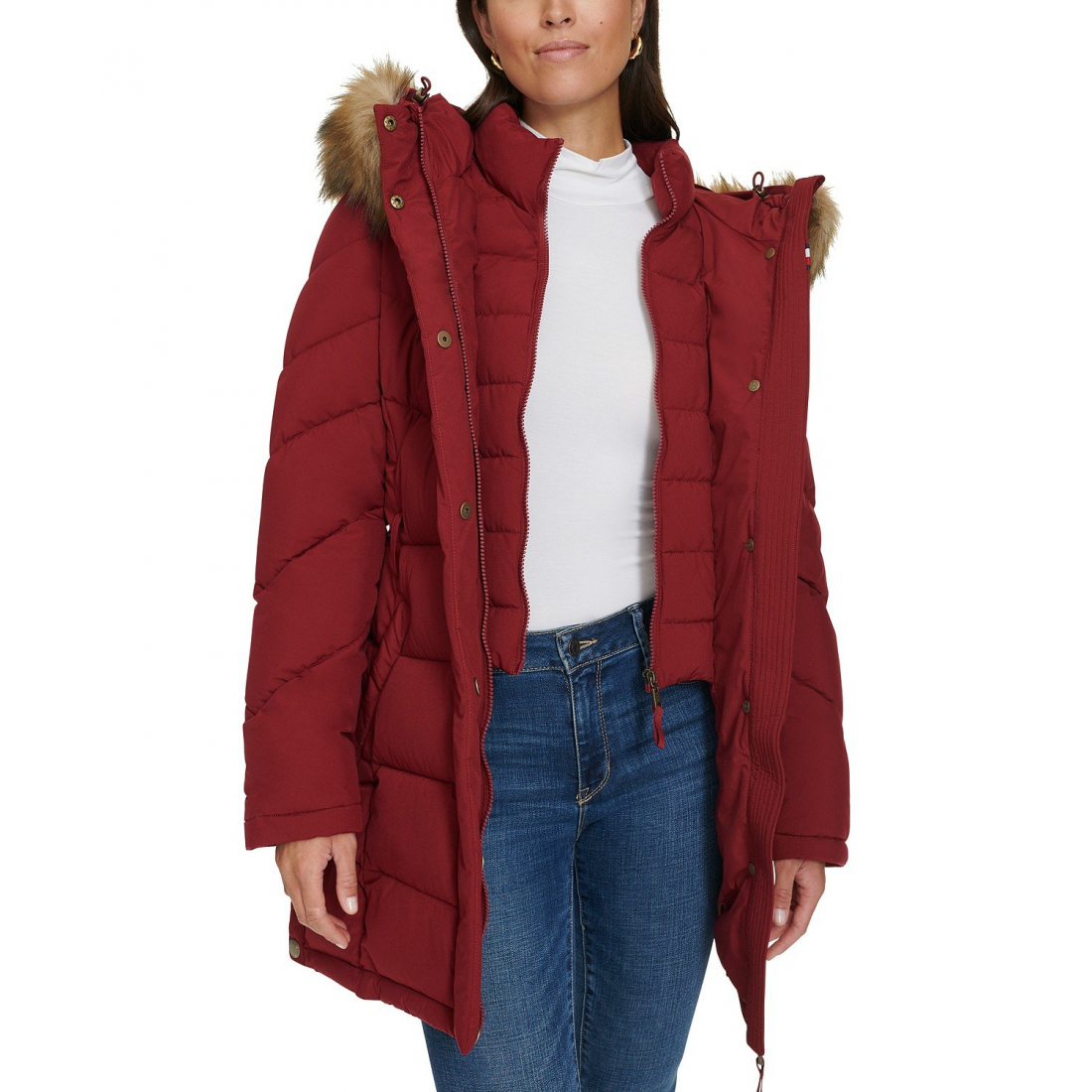 Faux-Fur-Trim Hooded Puffer Coat pour Femmes