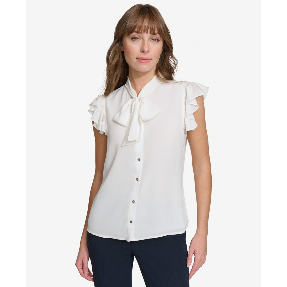 'Flutter-Sleeve Tie-Neck Blouse' pour Femmes