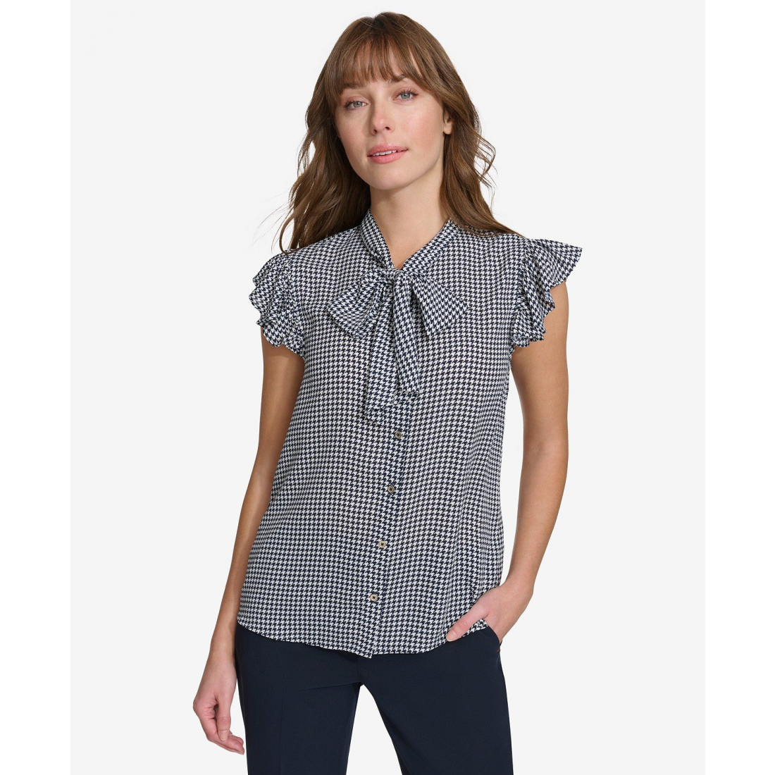 'Flutter-Sleeve Houndstooth Blouse' pour Femmes